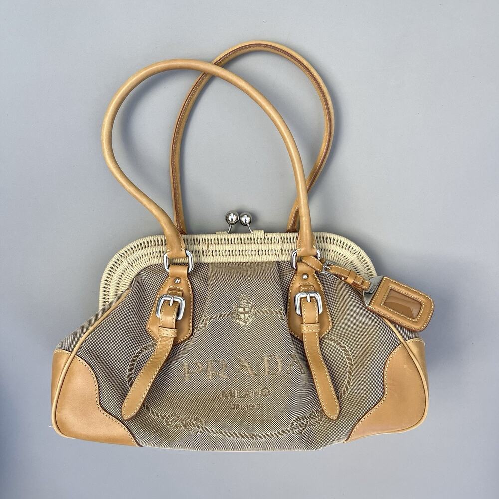 PRADA Canapa Logo Jacquard Leather Shoulder Bag Light Brown